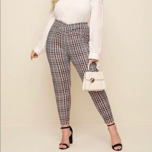 SHEIN Plus Pink Plaid High-Rise Skinny Overlap Waistband Pants